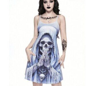 Gothic Praying Skeleton Graphic Print Cami Slip Mini Dress Size M Goth Metal